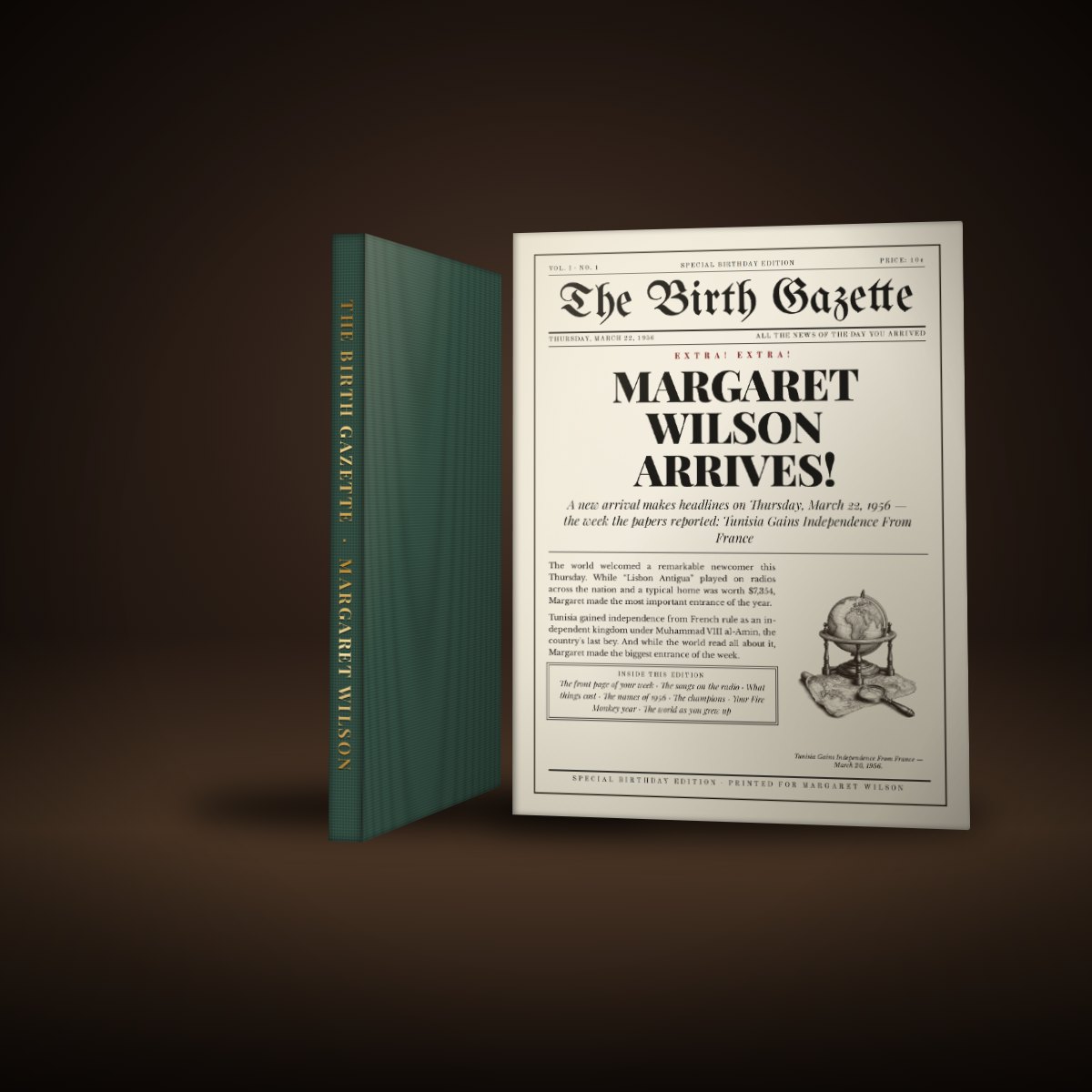 The Heirloom edition: a green cloth hardcover with gold foil on the spine, and the same book in its dust jacket printed with their front page